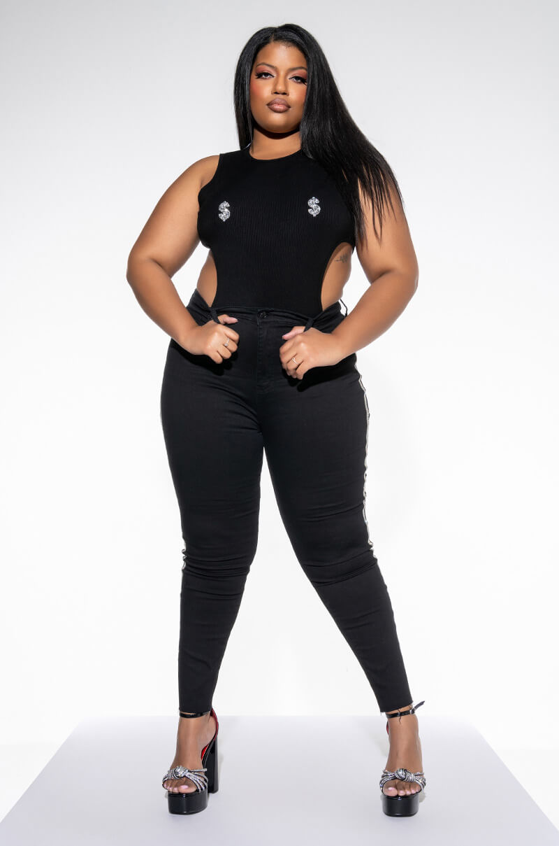 ALL I SEE IS SIGNS CUTOUT EMBELLISHED CREW NECK BODYSUIT