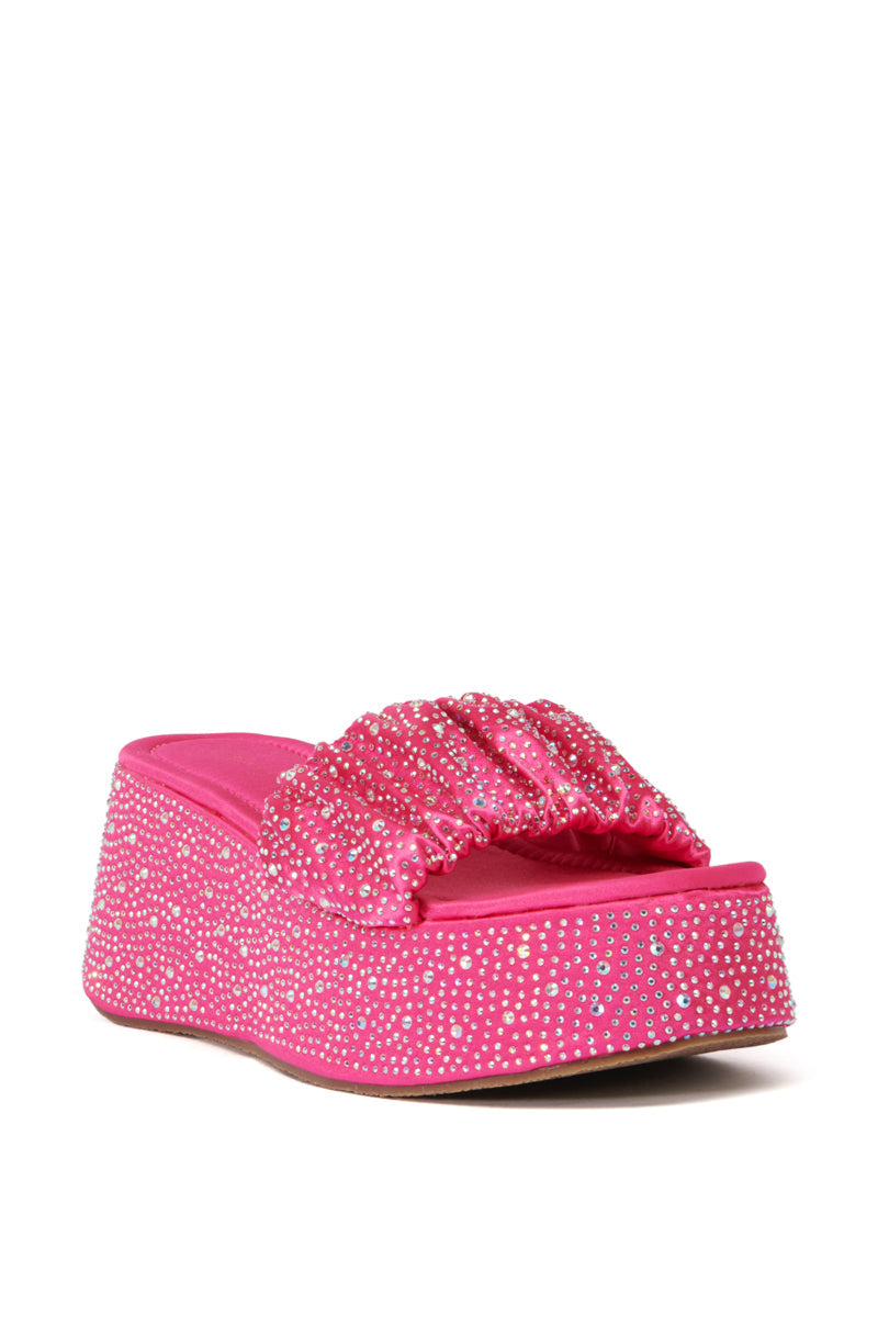 AZALEA WANG CAPELLINI PINK RHINESTONE FLATFORM SCRUNCHIE SANDAL
