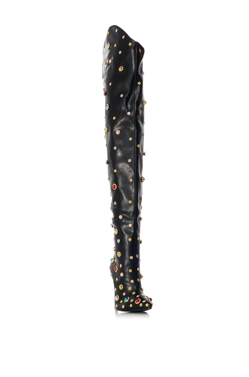 AZALEA WANG CORINNE EMBELLISHED ABOVE THE KNEE BOOT IN BLACK