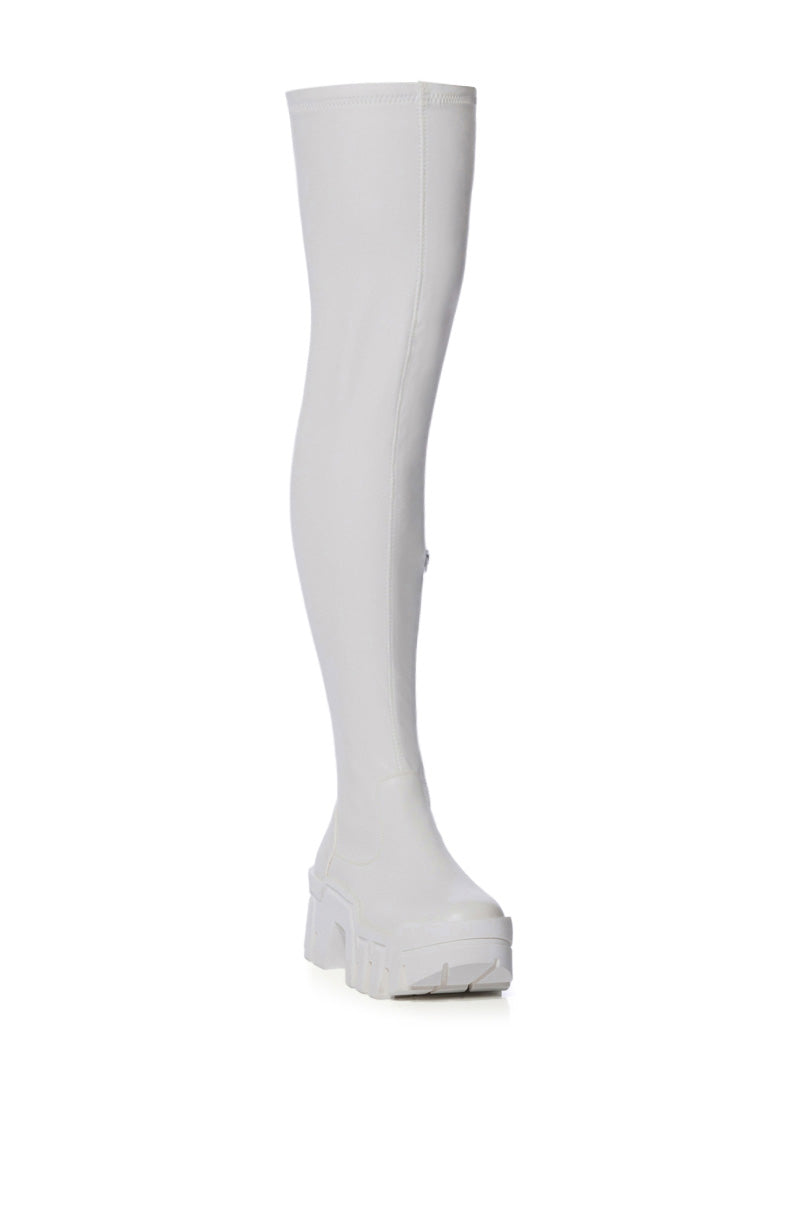AZALEA WANG FAVORED STRETCH PU THIGH HIGH BOOT IN WHITE