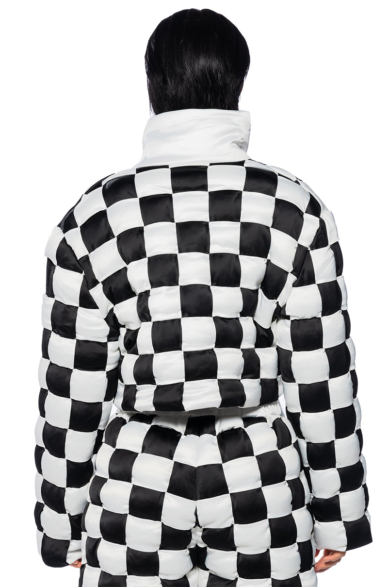 CHECK MATE WOVEN CROP BOMBER
