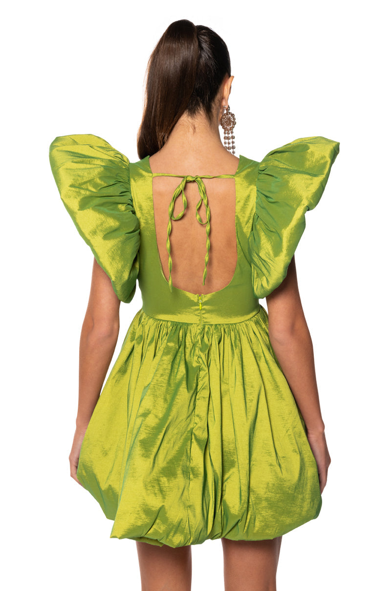 CLEMENTINE BUTTERFLY SLEEVE MINI DRESS IN GREEN