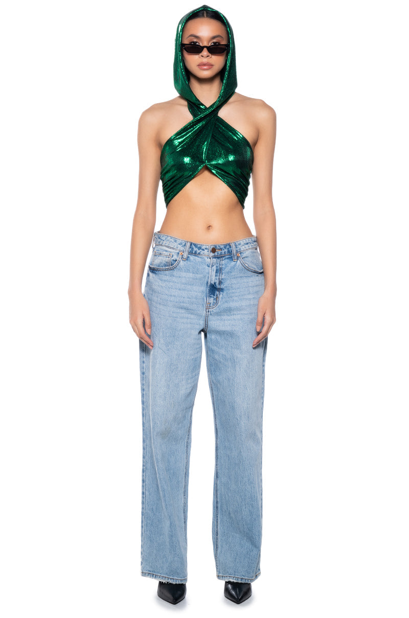COME THROUGH HOODED METALLIC CROP TOP