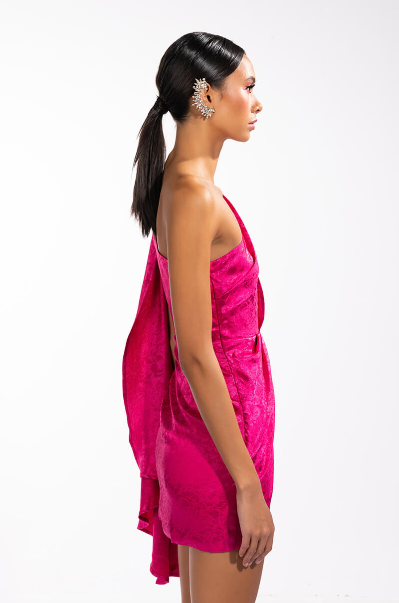 COME ON IT ONE SHOULDER CASCADING SATIN MINI DRESS